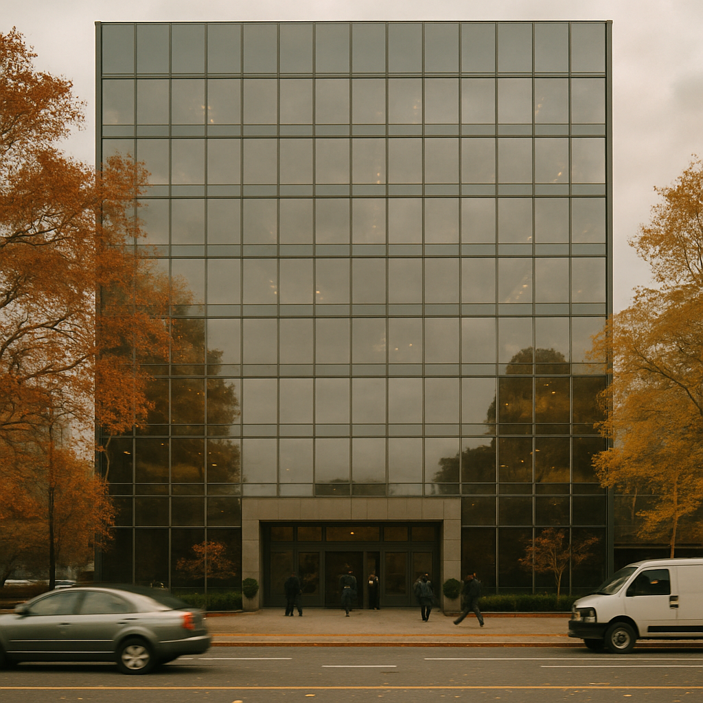 A modern commercial hirise building stands under a cloudy sky its sleek glass facade reflecting the muted autumn colors of the surrounding trees The entrance features large double doors framed by potted plants hinting at the indoor comfort within The-3