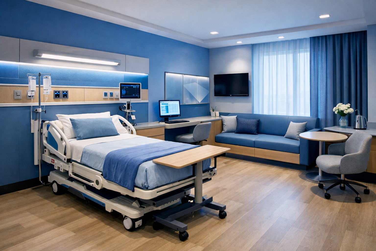 stylish modern hospital room with blue tones  image needs to be less than 1MB
