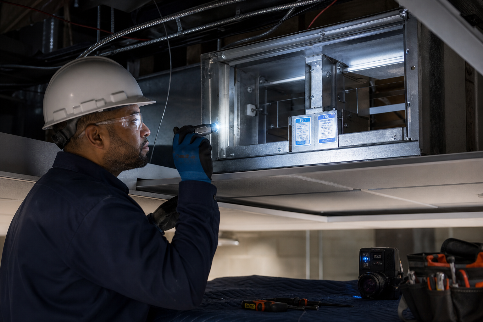 Fire damper technician inspecting damper