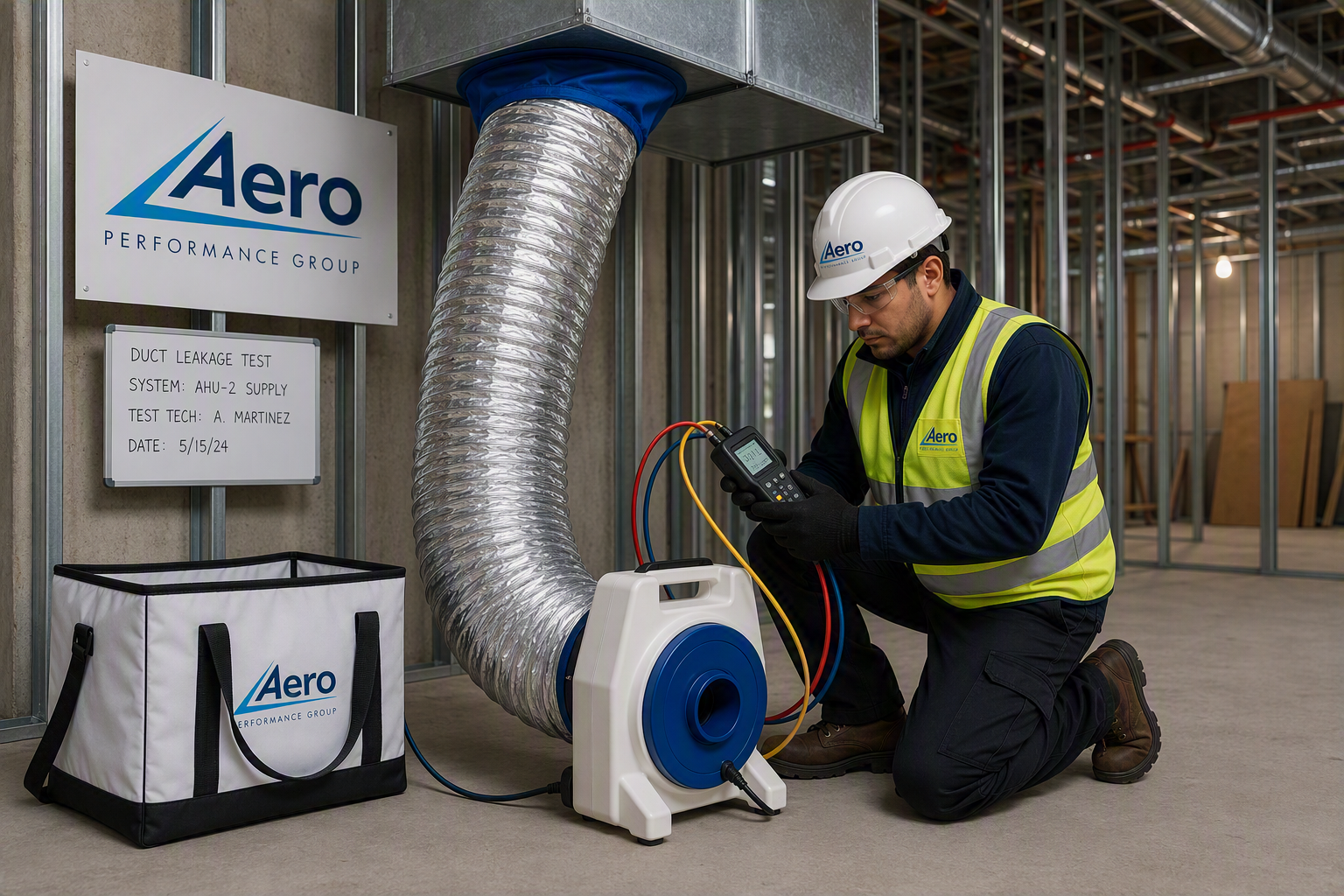HVAC duct leakage testing by Aero Performance Group technician using airflow measurement equipment to validate duct system performance, energy efficiency, and SMACNA compliance in a commercial building.