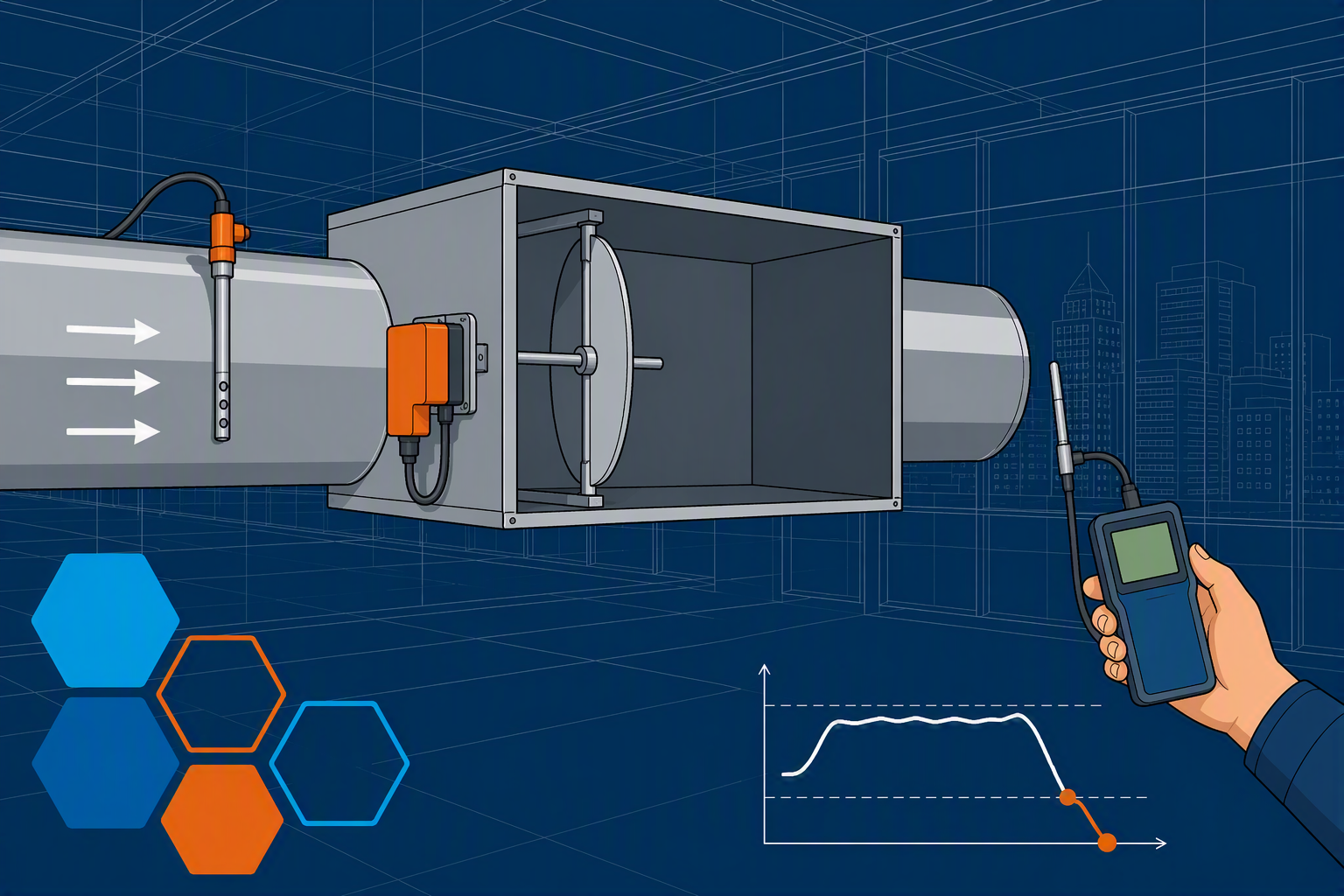 need to create an image: A flat, geometric technical illustration of a VAV (variable air volume) terminal box, shown as a clean cutaway diagram of the rectangular sheet-metal casing only: a round or oval inlet duct connection at one end, an internal damper blade on a shaft with an actuator mounted on the casing exterior, and a velocity/airflow sensor pickup just downstream of the damper. Discharge side shows a short duct stub only — no grille, no diffuser, no ceiling tile in contact with the box. The box floats in an open ceiling plenum space, with a technician's hand holding a separate handheld digital airflow meter near the discharge duct stub (not touching or mounted to the box). Background: a faint architectural wireframe of a glass skyscraper interior, straight edges, drafting-line style, in Aero Dark Blue ( #043659) with light wireframe strokes. Overlay 3–4 flat hexagon shapes in Aero Light Blue ( #00A9E0), Hill Blue ( #005EB8), and Aero Orange ( #ED7D31), some solid-filled, some outlined, clustered in a corner. Aero Orange highlights the sensor or a small out-of-range indicator on a simple line graph in the corner. Flat, solid color fills only — no gradients, no glow, no drop shadows, no photorealism. Do not depict a diffuser, grille, or register attached to or built into the VAV box itself. Clean vector/illustration style, high contrast, no text, no logos.