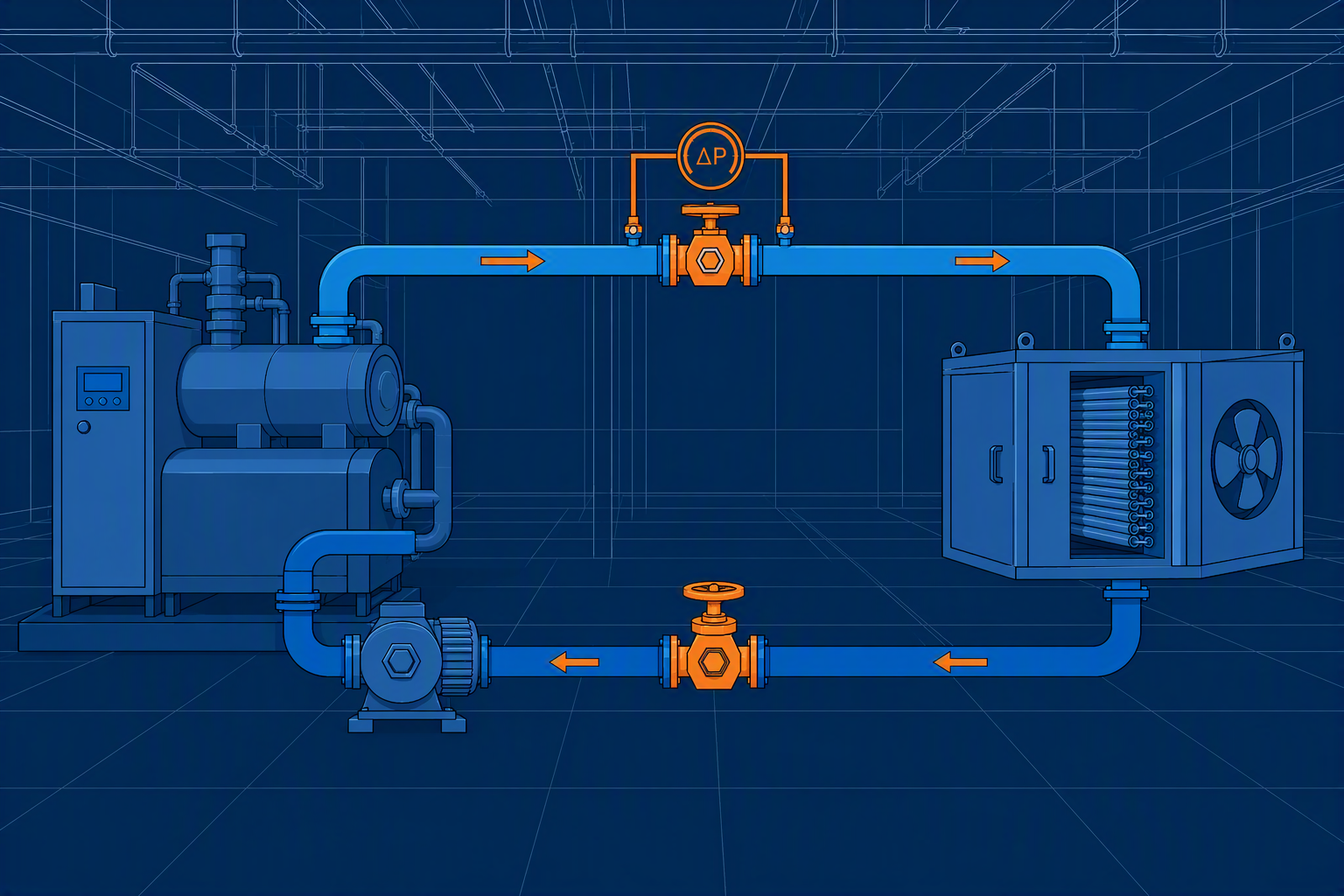 Flat geometric illustration of a commercial hydronic HVAC balancing loop showing a pump, balancing valve with differential pressure gauge, and coil connection between a central plant and air handler.