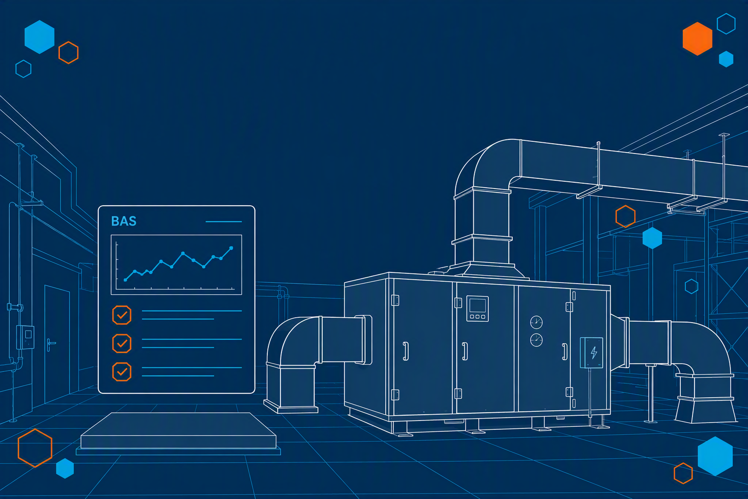 Flat illustration of an air handling unit connected to a building automation system control panel showing a functional performance test checklist, in Aero Performance Group's blue and orange brand palette.