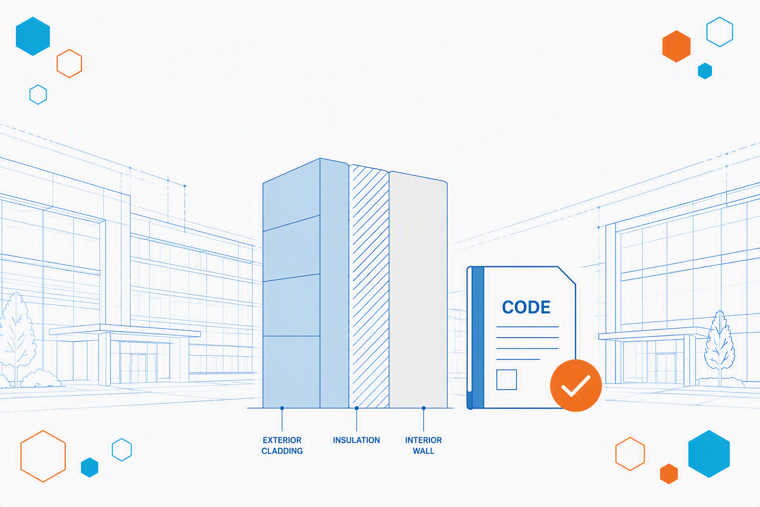 Flat illustration of a building wall assembly cross-section next to a finalized code document icon, representing the newly finalized 2027 IECC energy code.