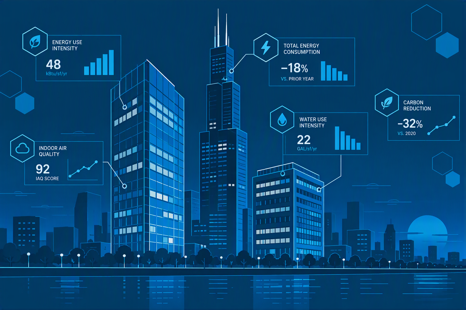 Flat illustration of a city skyline with data overlay panels representing building performance standards compliance monitoring