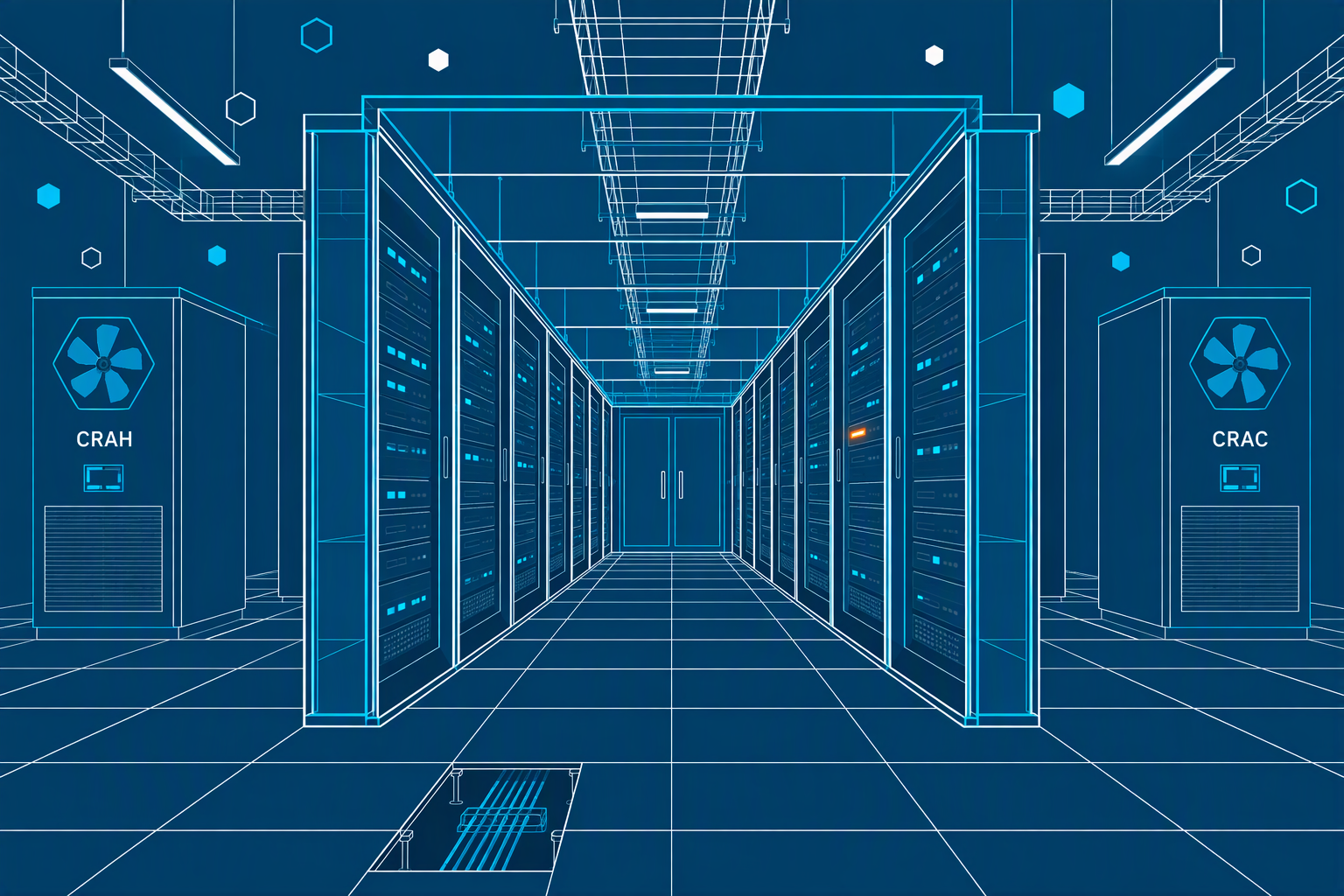 Flat illustration of a data center hot aisle with server racks, containment panels, and CRAC cooling units in Aero dark blue.